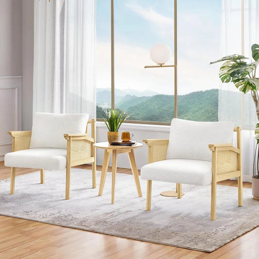 GUANGBAI Mid Century Boucle Accent Chair With Rattan Back