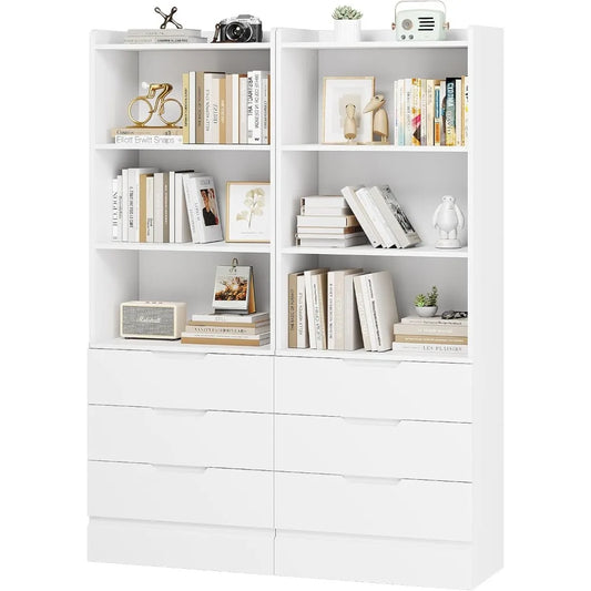 Bookcase Set Of 2 With 3 Drawers And Adjustable Shelves