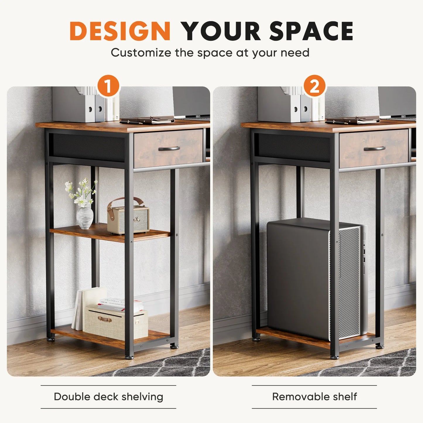 JHK Double Deck Office Desk With Fabric Storage Drawers
