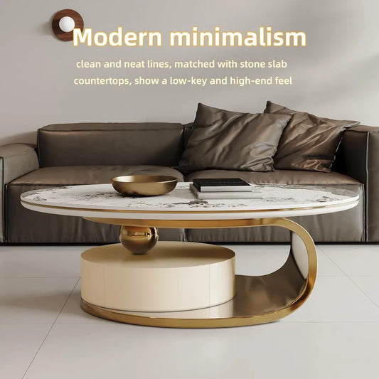 Luxury Marble Coffee Table With Drawer And Metal Base