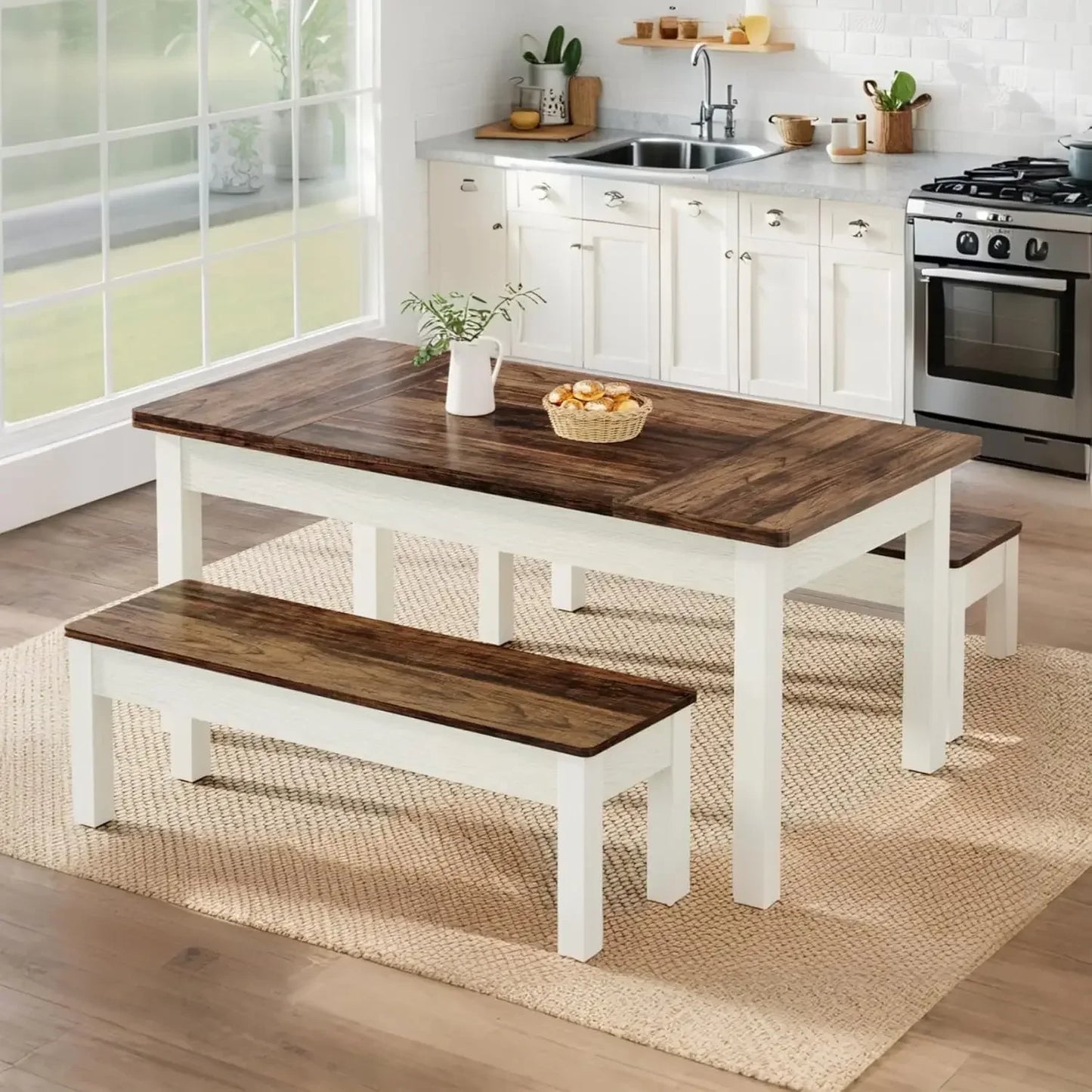 LITTLE TREE Farmhouse Dining Table Set With Benches