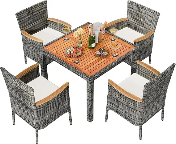 Wicker Patio Conversation Set Wooden Table And Cushions