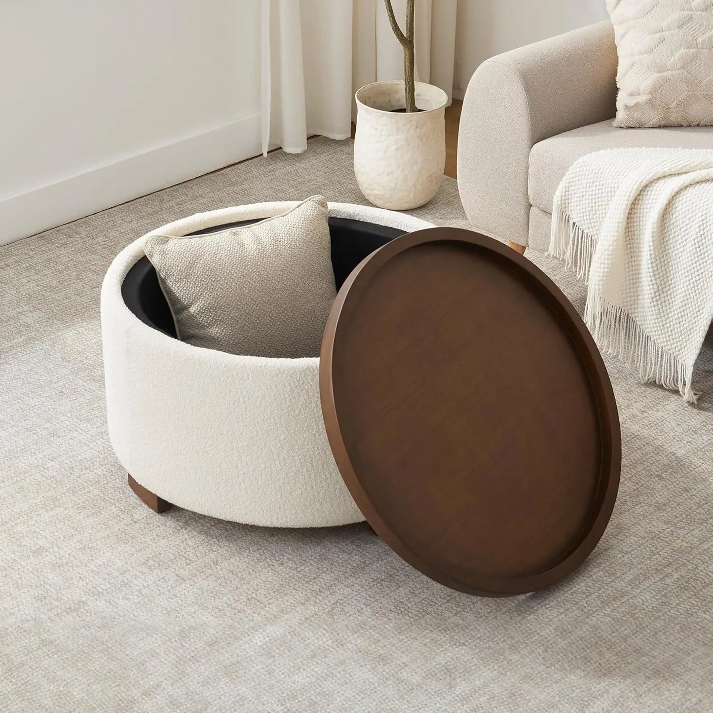 XMSJH Modern Round Storage Ottoman Coffee Table With Lid