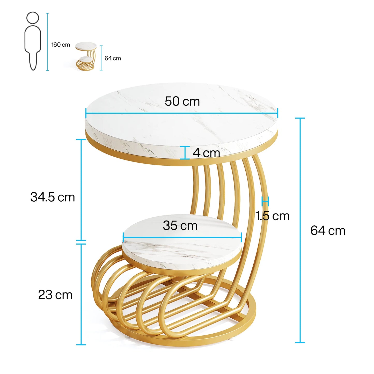 Tribesigns Gold Round End Table 2 Tiers Faux Marble