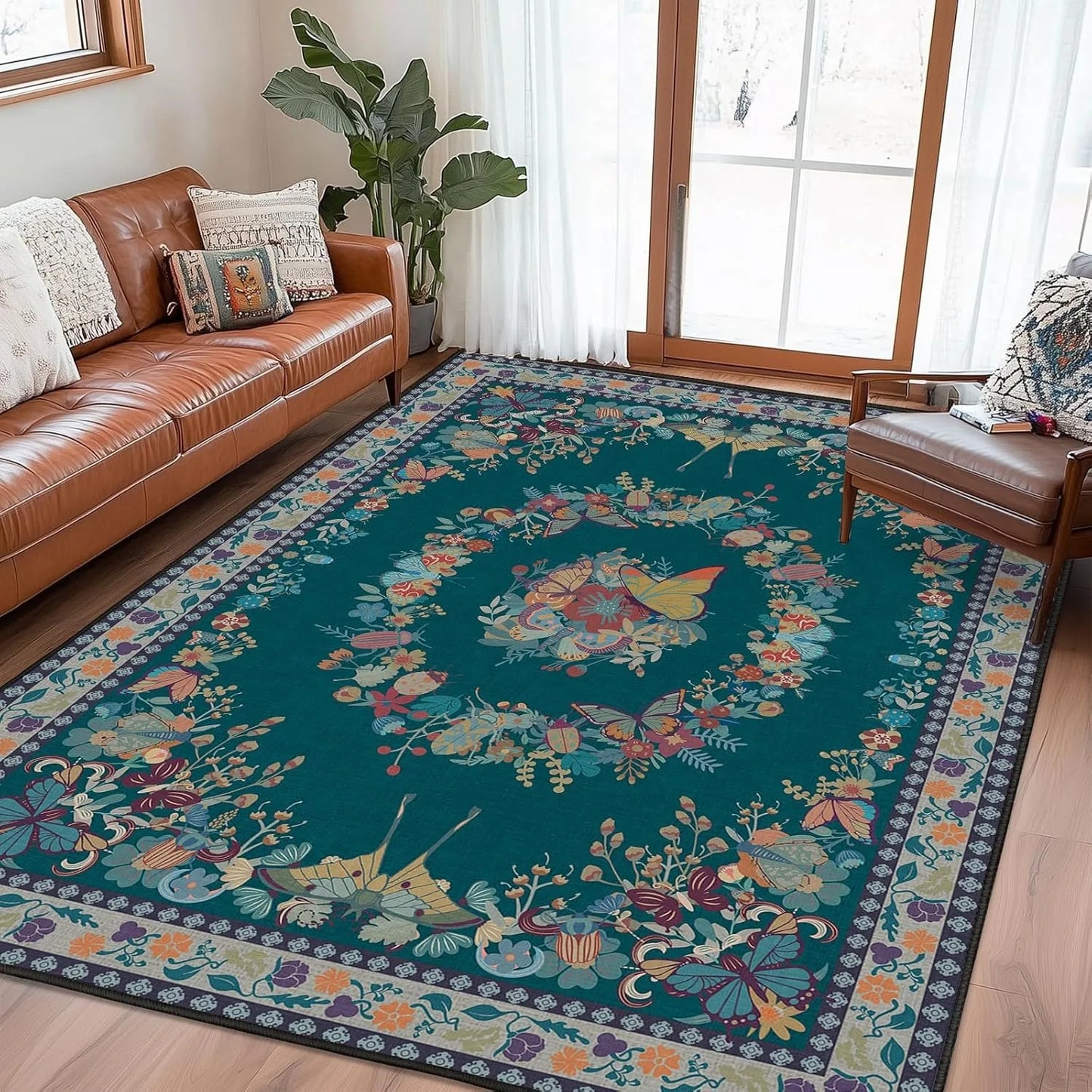 Vintage Living Room Butterfly Floral Area Rug Non Slip Soft Tapis