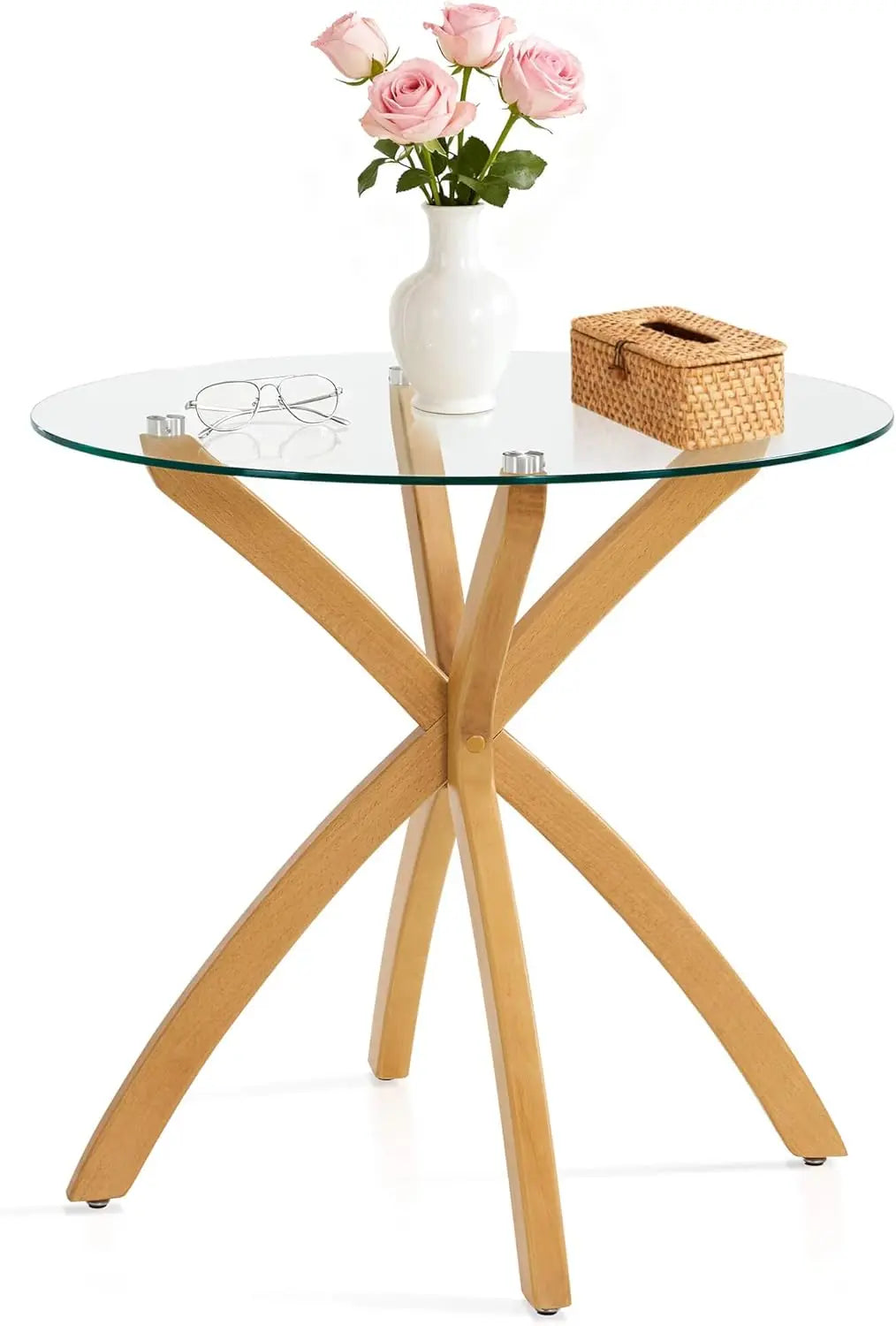 ZHUXIANG Round Glass Dining Table With Solid Wood Legs