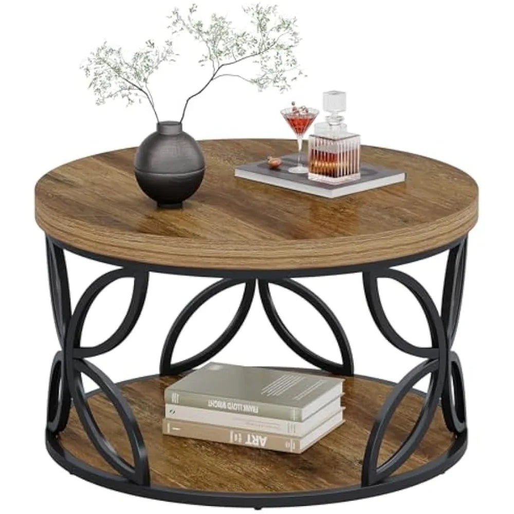 ANGDUO Round Coffee Table With Storage 2 Tier Center Table
