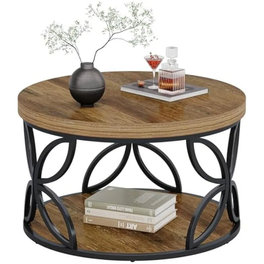 ANGDUO Round Coffee Table With Storage 2 Tier Center Table