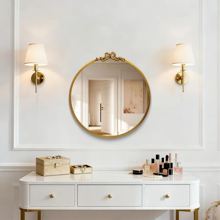 Round Gold Bow Mirror 20inch Metal Bathroom Vanity Wall Mirrors Decorative Antique Ornate Circle Mirror, Baroque Home Bow Decor
