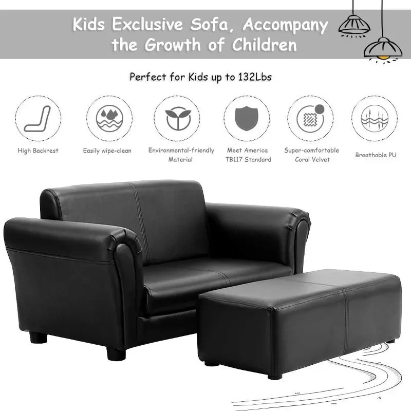 Kids 2 In 1 Double Seat Sofa With Footstool Armrests