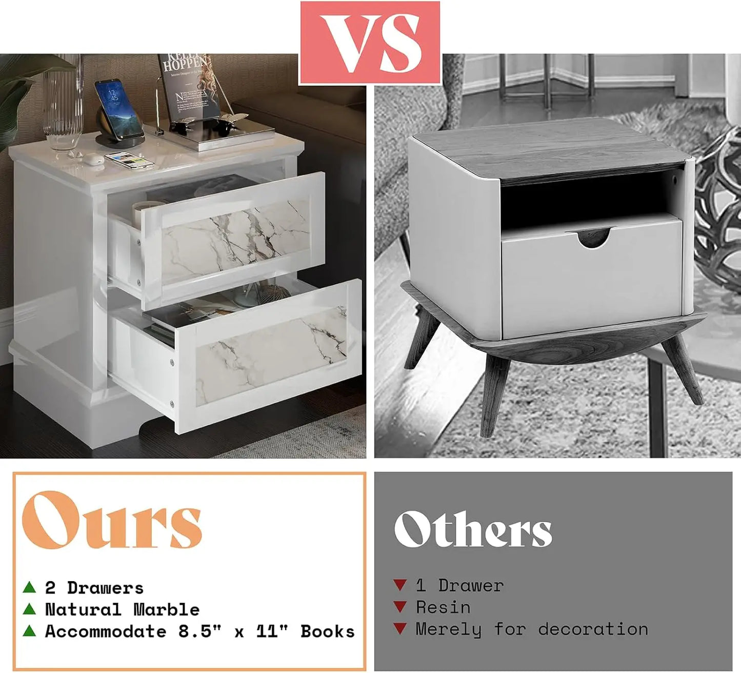 HUANHUI Marble Nightstand Set Of 2 With Drawers And Storage