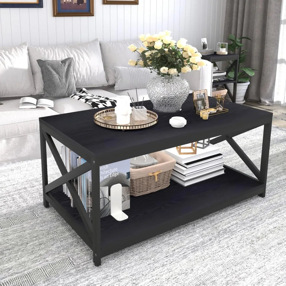 High Concerned Industrial X Design Coffee Table Set 3 Storage