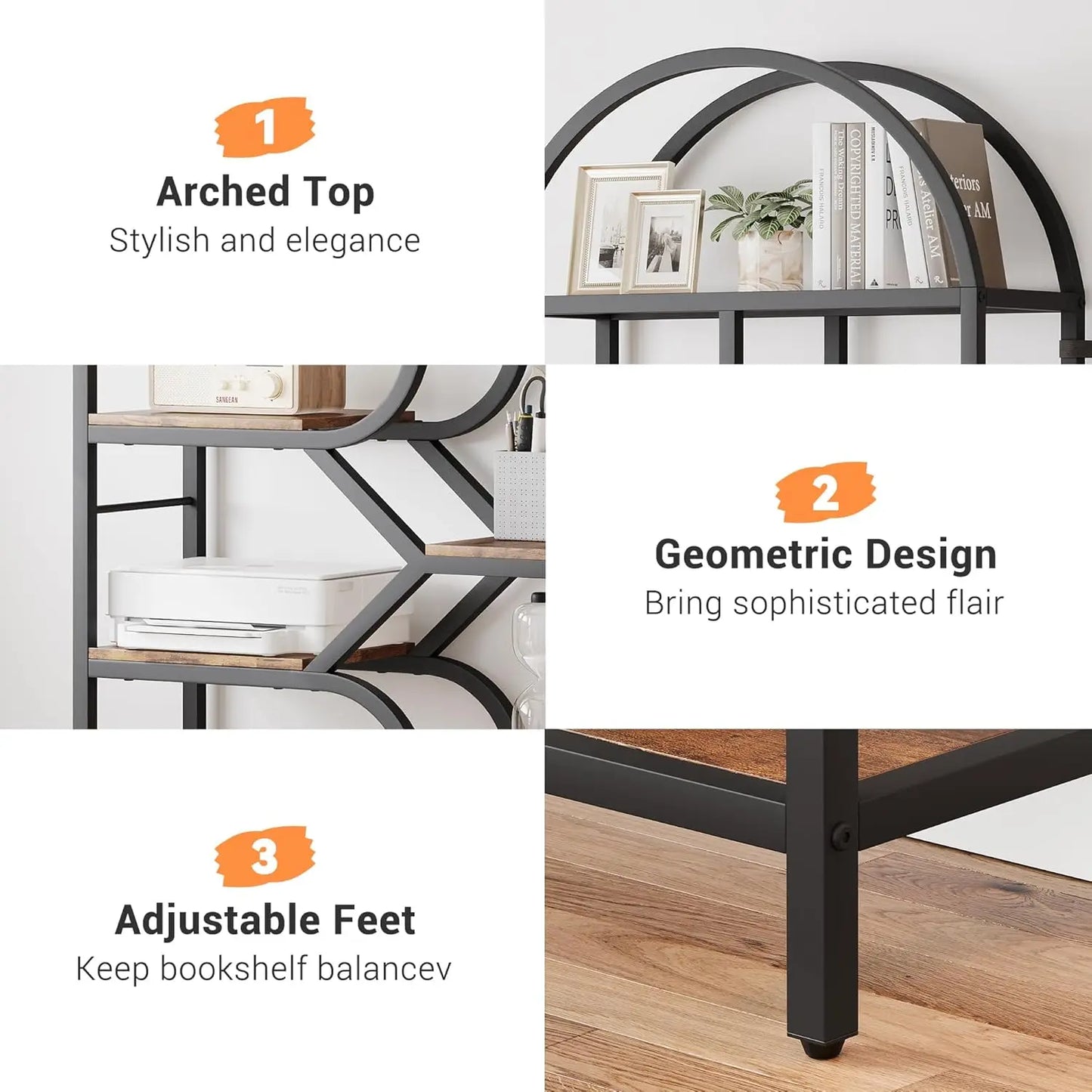 6 Tier Arched Bookshelf Geometric Open Storage Metal Frame