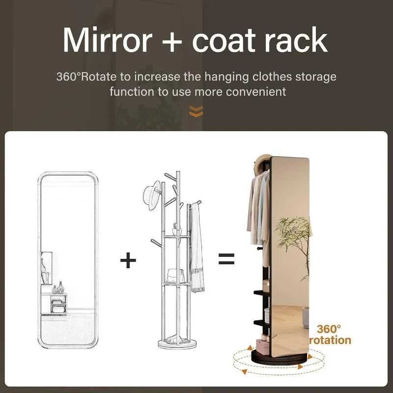 OEING Full Length Mirror With Coat Rack Solid Wood Standing