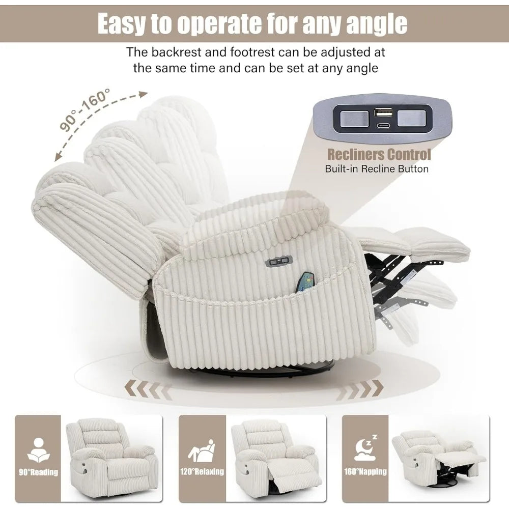 MKDK Power Swivel Rocker Recliner With Massage Heat USB Charging