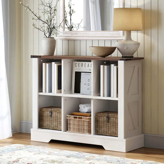 6 Cube Storage Organizer And 2 Tier Bookshelf Farmhouse LED
