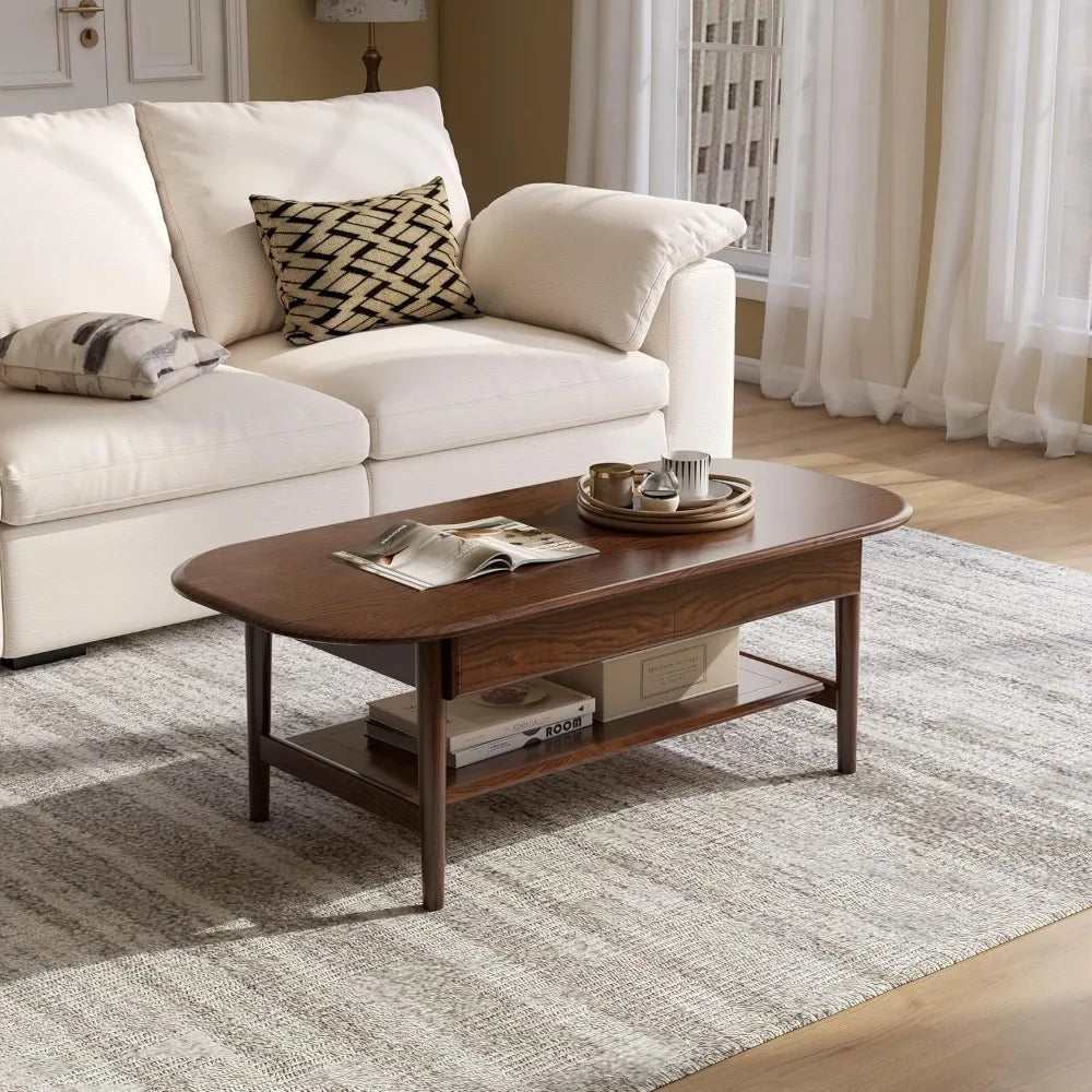 DAFIFY Oak Wood Coffee Table With 2 Drawers And Shelf