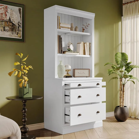 Modern Tall Bookcase With LED Lighting Drawers Shelves