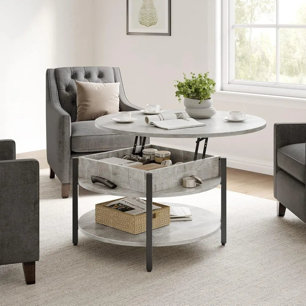 Round Lift Top Coffee Table With Storage Farmhouse 2 Tier