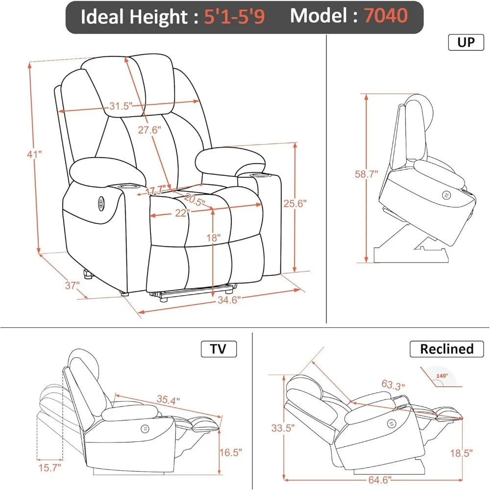 DAFIFY Electric Power Lift Recliner Sofa Massage Heat USB