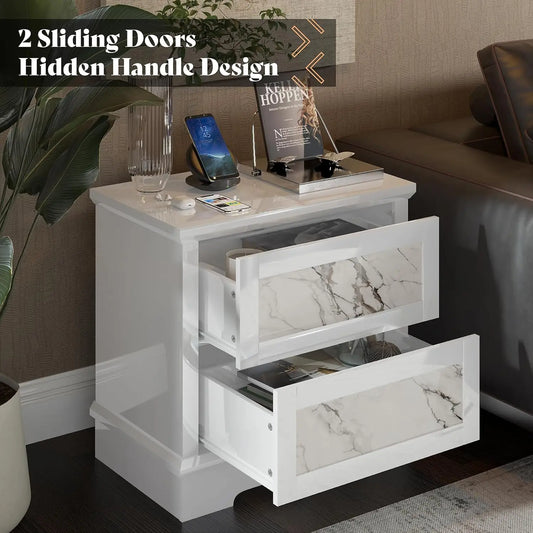 HUANHUI Marble Nightstand Set Of 2 With Drawers And Storage