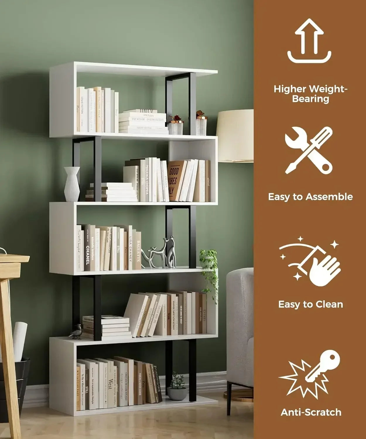 XMSJ 5 Tier Geometric S Shape Wood Bookcase Freestanding Shelves