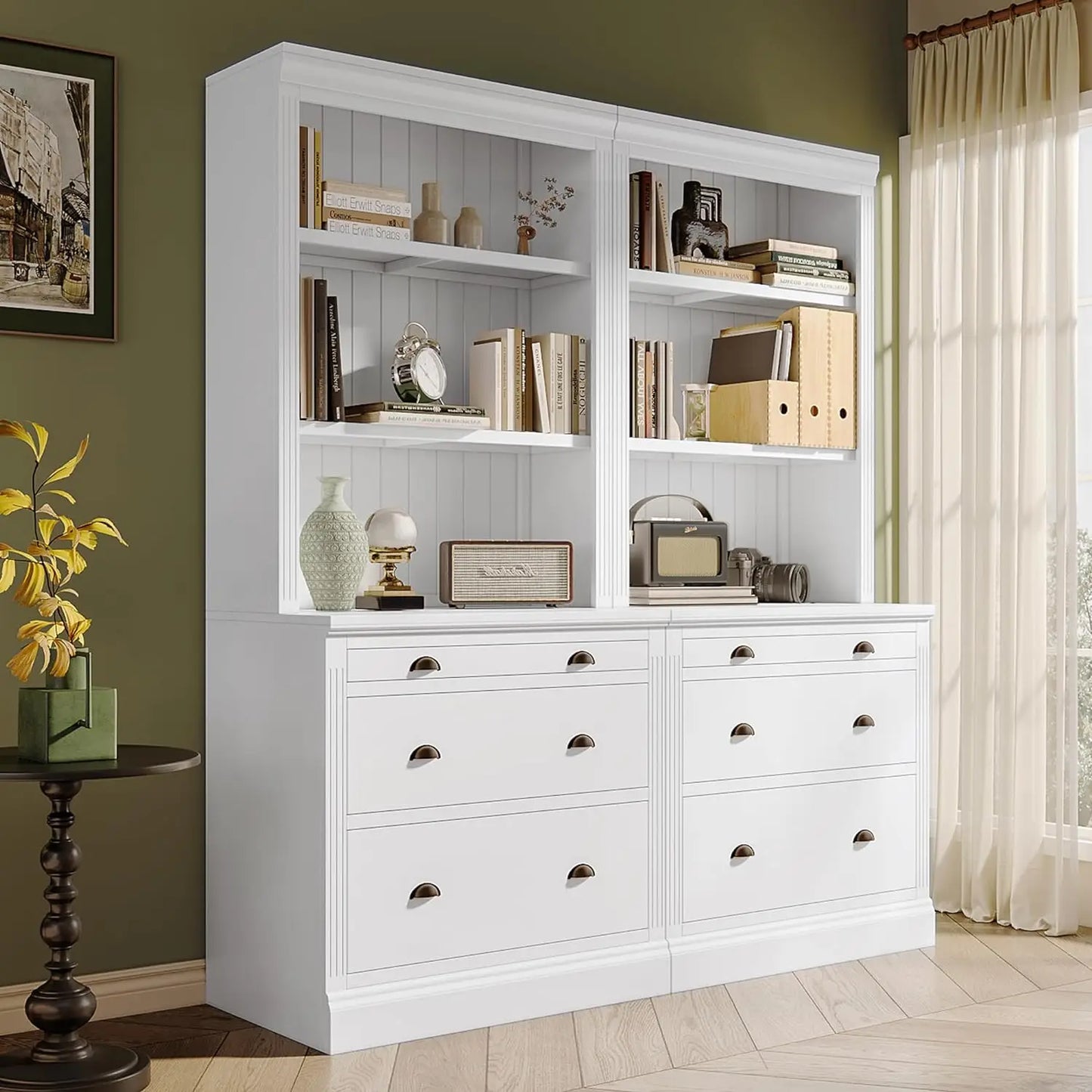 Modern Tall Bookcase With LED Lighting Drawers Shelves
