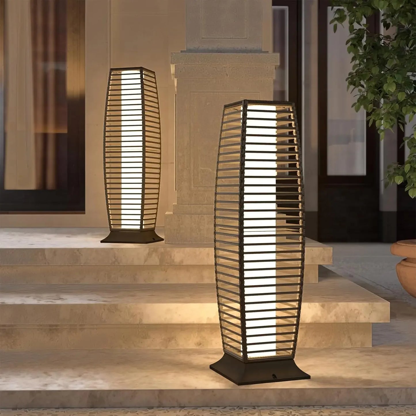 Cindy Outdoor Solar Powered Woven Wicker Lantern Floor Lamp