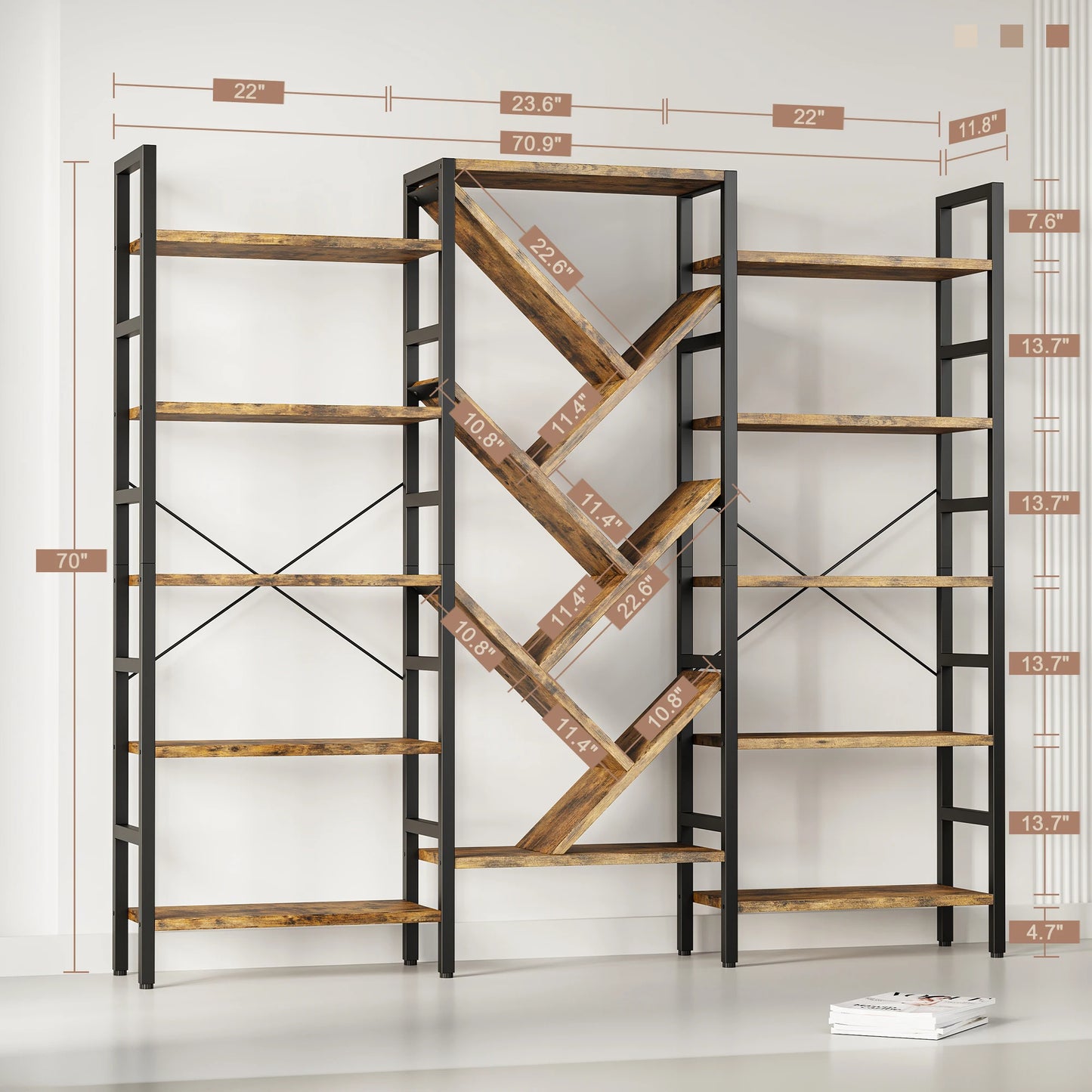 Finishes 5 Tier Triple Bookshelf Modern Tree Wood Bookcase