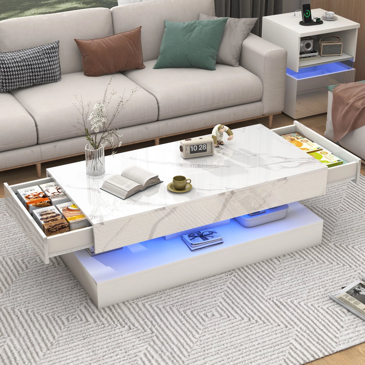QiaoShiRen Modern LED Coffee Table Double Storage Drawers