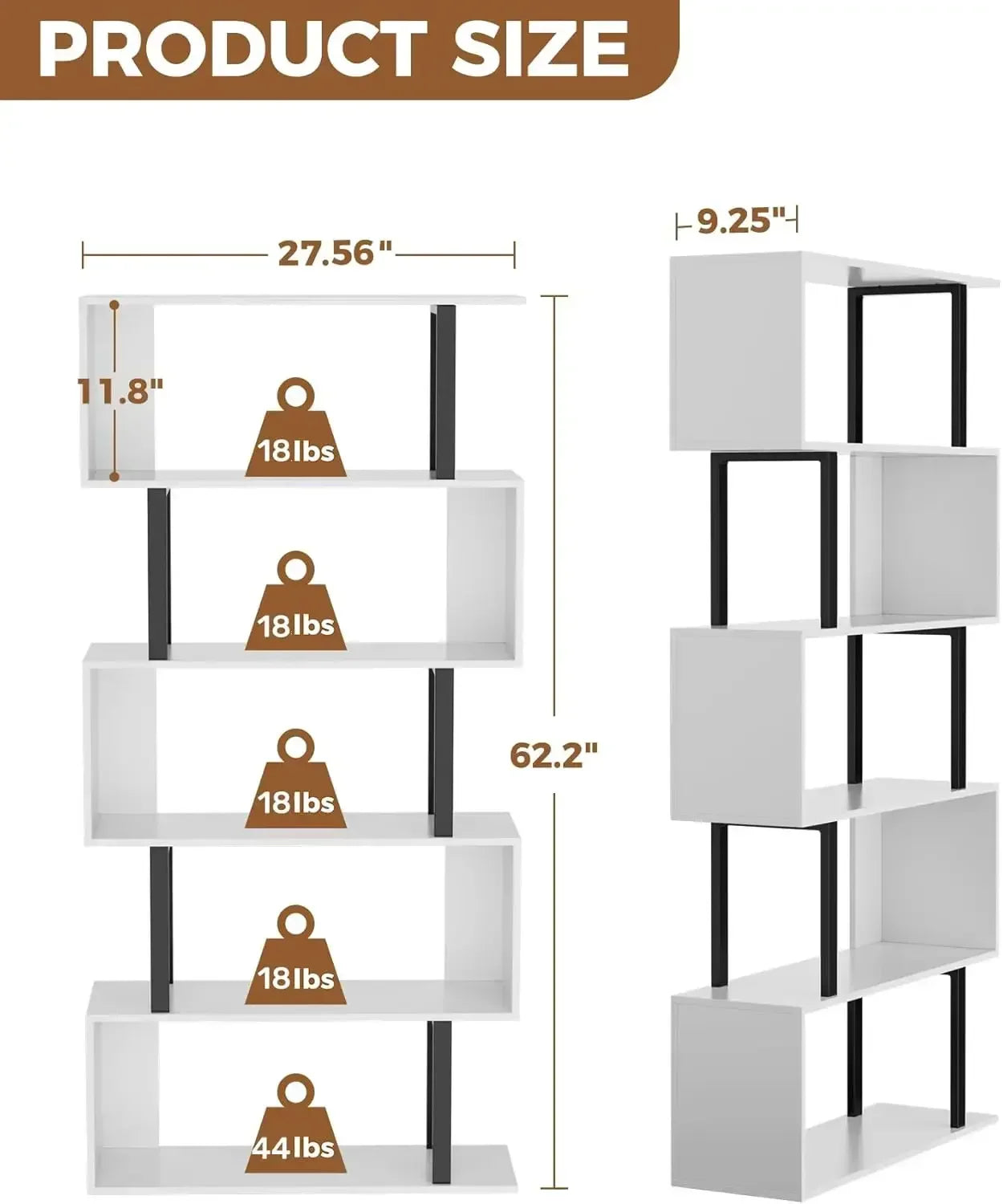 XMSJ 5 Tier Geometric S Shape Wood Bookcase Freestanding Shelves