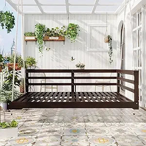 MKDK Acacia Wood Hanging Porch Swing Bed With Hemp Rope