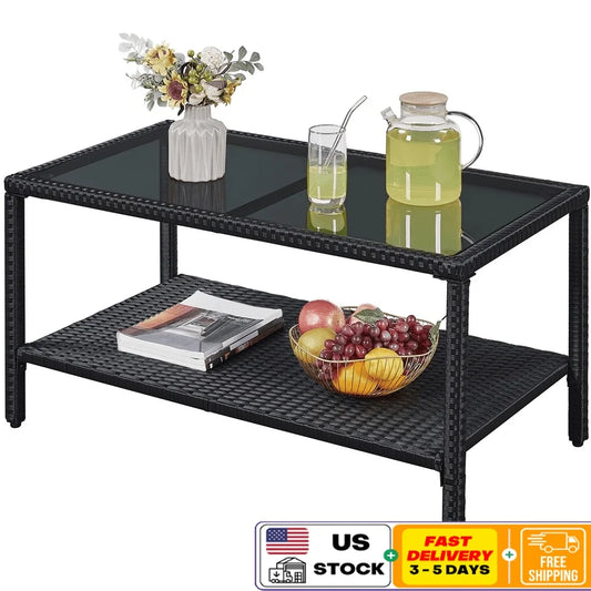 Folded Wicker Coffee Table With Tempered Glass Top Outdoor