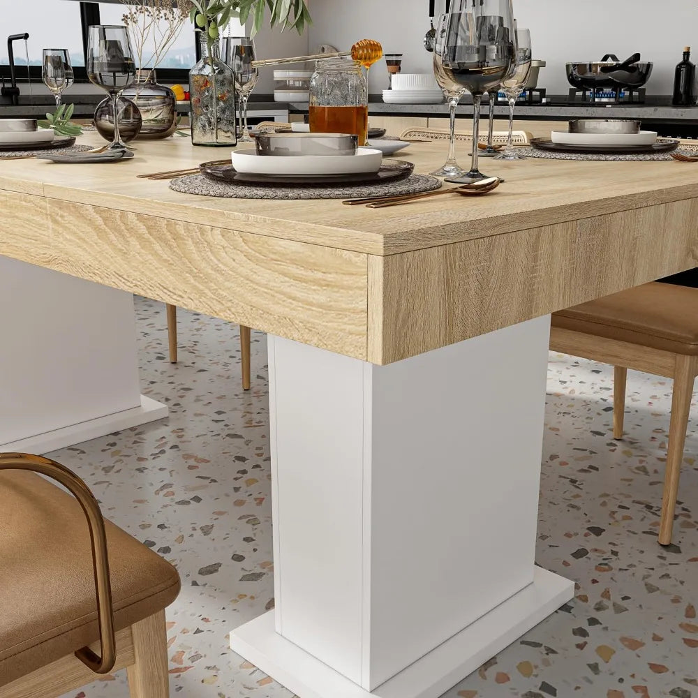 MKDK Modern Wood Dining Table With Pedestal Legs Home