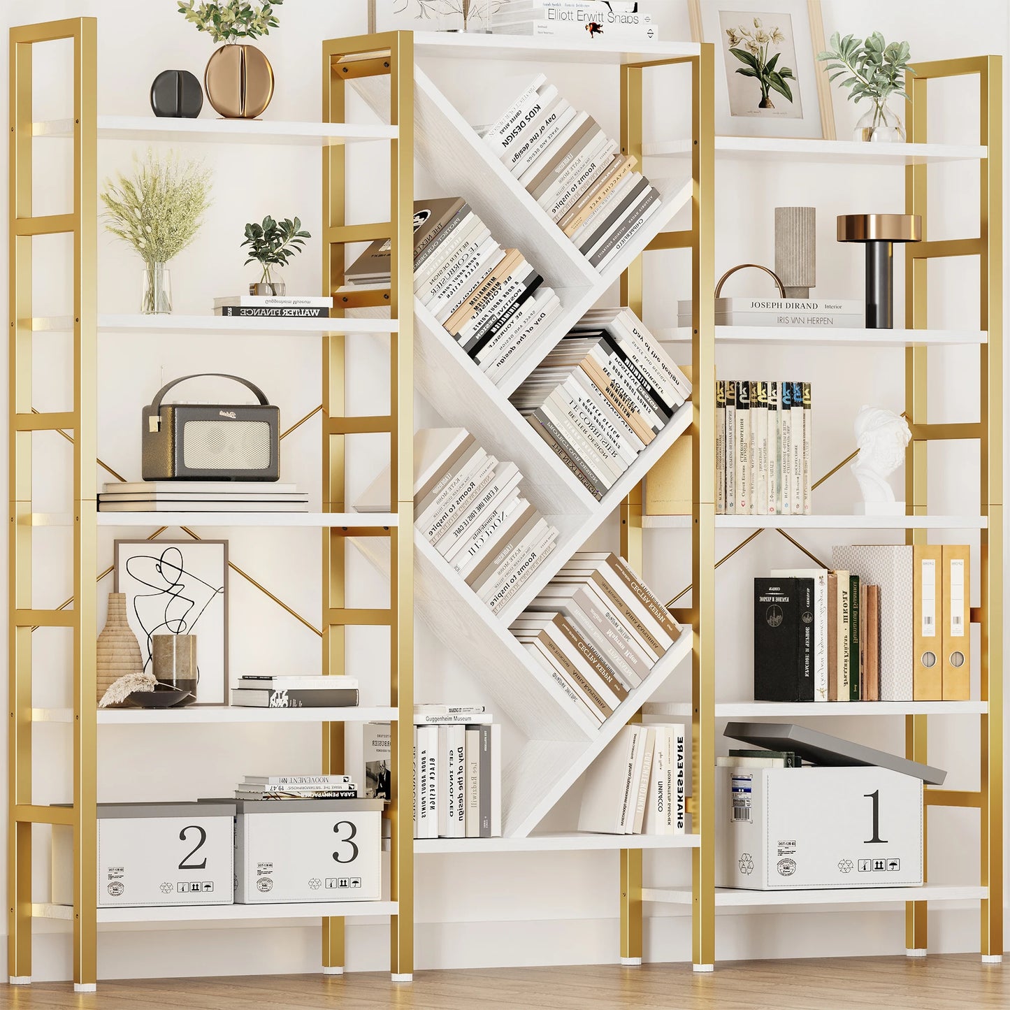 Finishes 5 Tier Triple Bookshelf Modern Tree Wood Bookcase