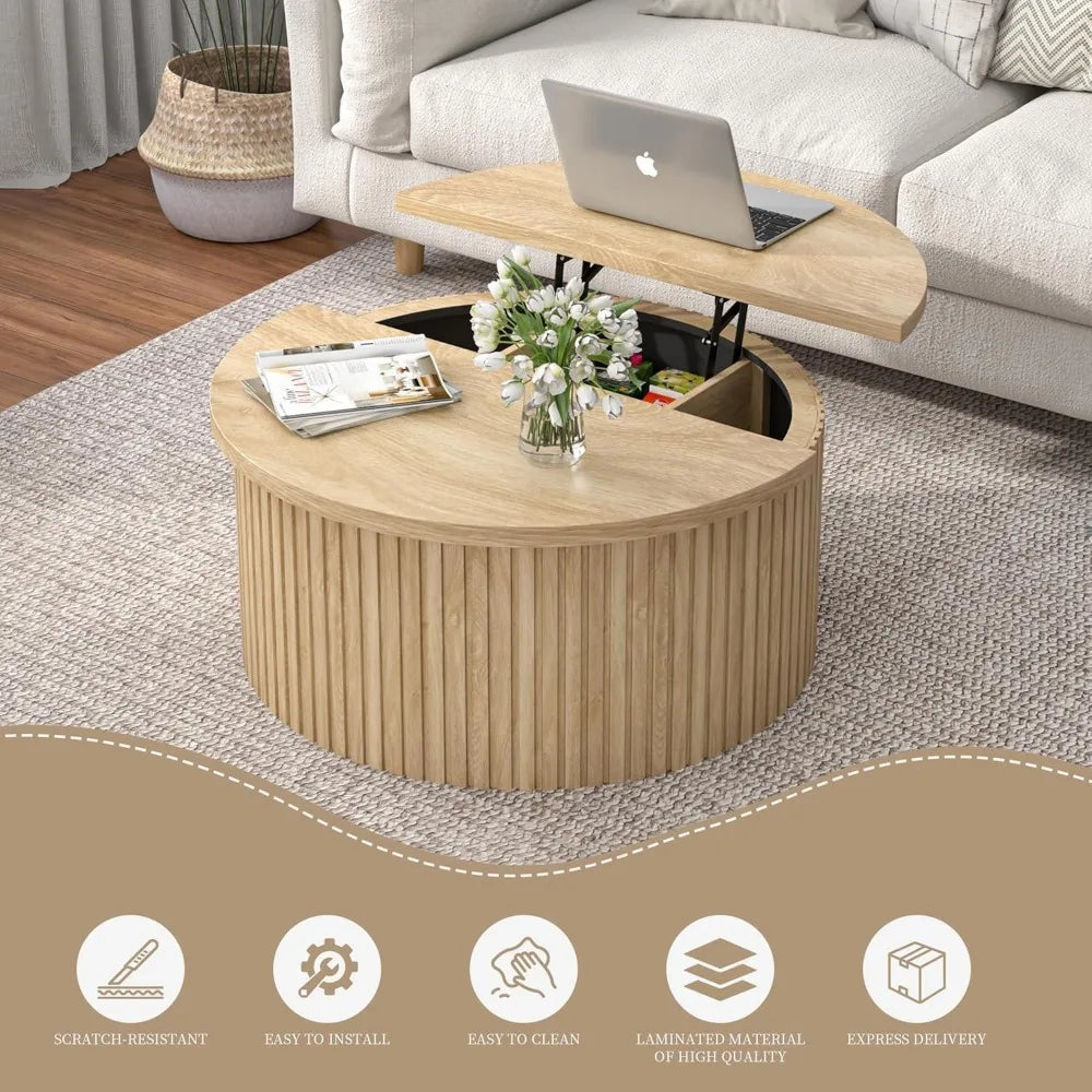Farmhouse Round Fluted Lift Top Coffee Table With Storage