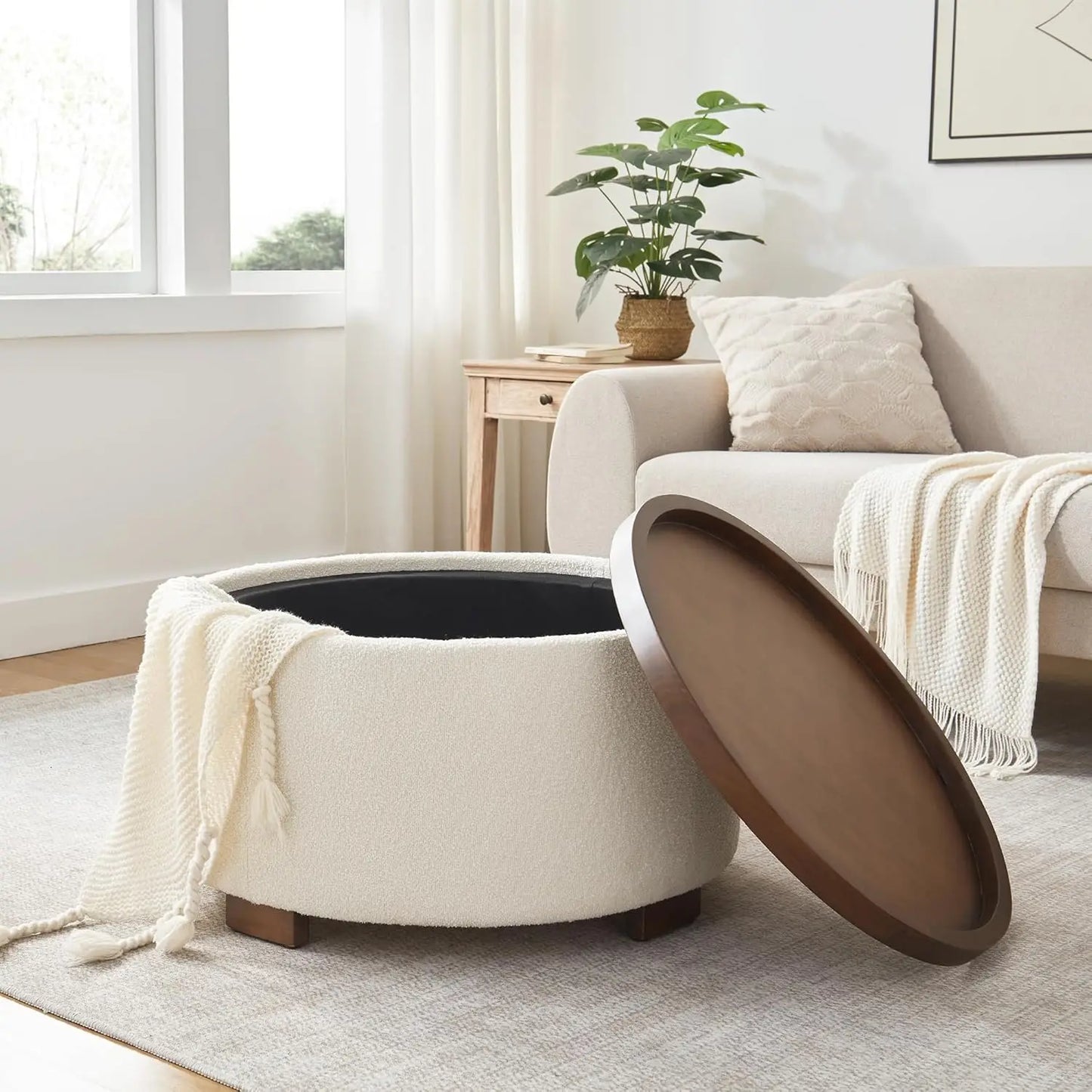 XMSJH Modern Round Storage Ottoman Coffee Table With Lid