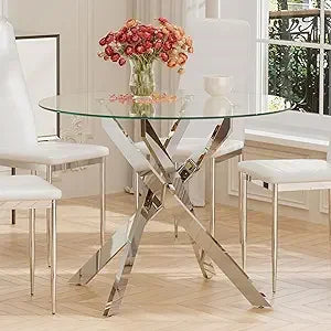 Tangxu Glass Dining Table With Chromed Legs Kitchen