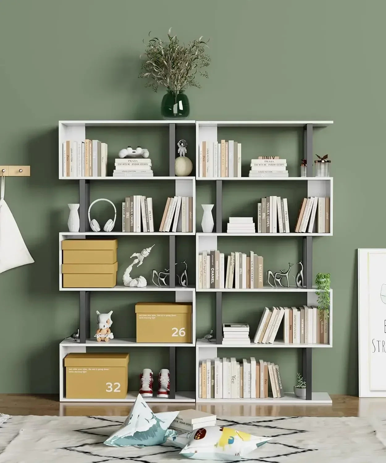 XMSJ 5 Tier Geometric S Shape Wood Bookcase Freestanding Shelves