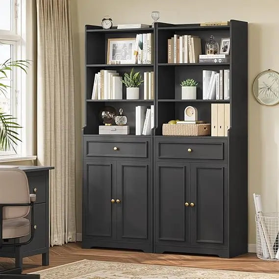 Bookcase Set Of 2 With 3 Drawers And Adjustable Shelves