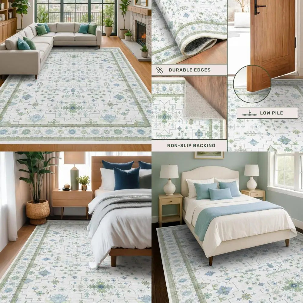 Boho Floral Wool Rug with Non Slip Backing