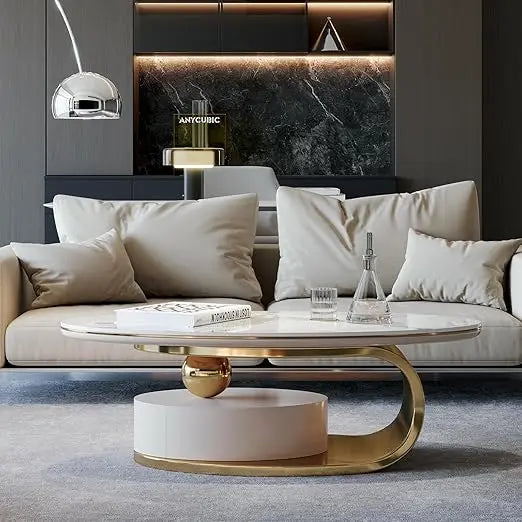 Luxury Marble Coffee Table With Drawer And Metal Base