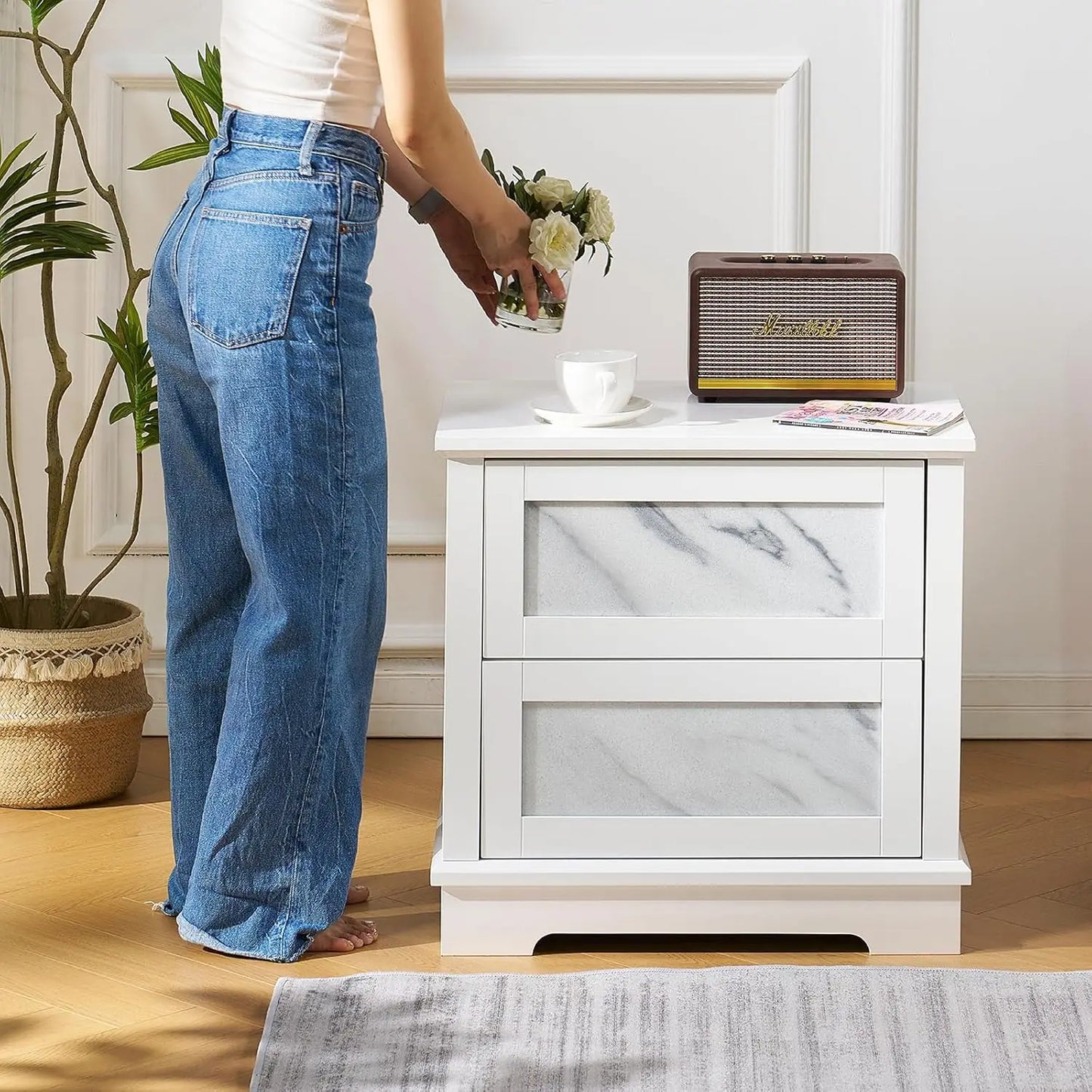 HUANHUI Marble Nightstand Set Of 2 With Drawers And Storage