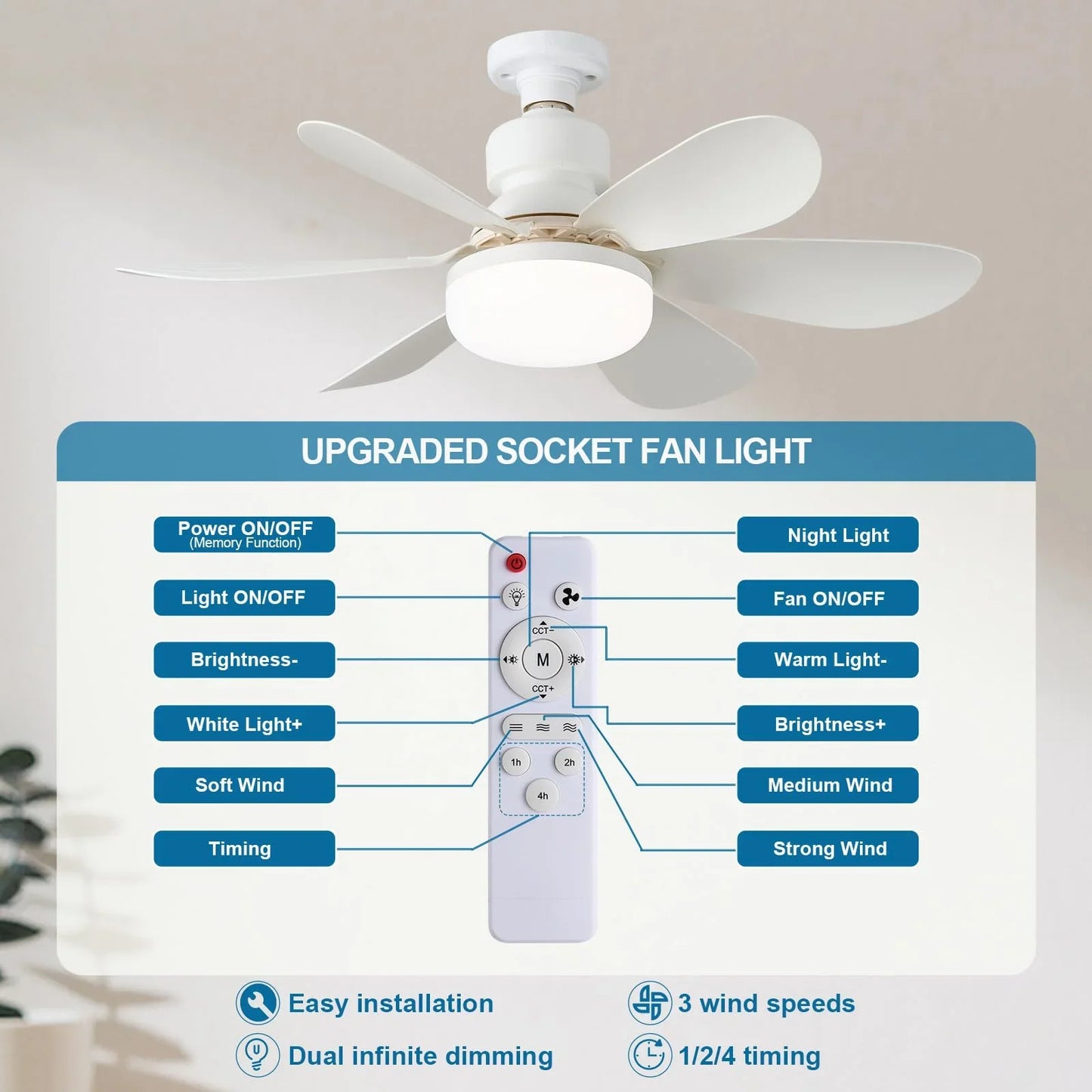 E27 LED Ceiling Fan Light with Remote Control Dimmable by M Brand