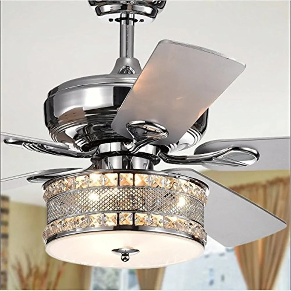 XMSJ Modern 5 Blade Chrome Ceiling Fan Crystal Light