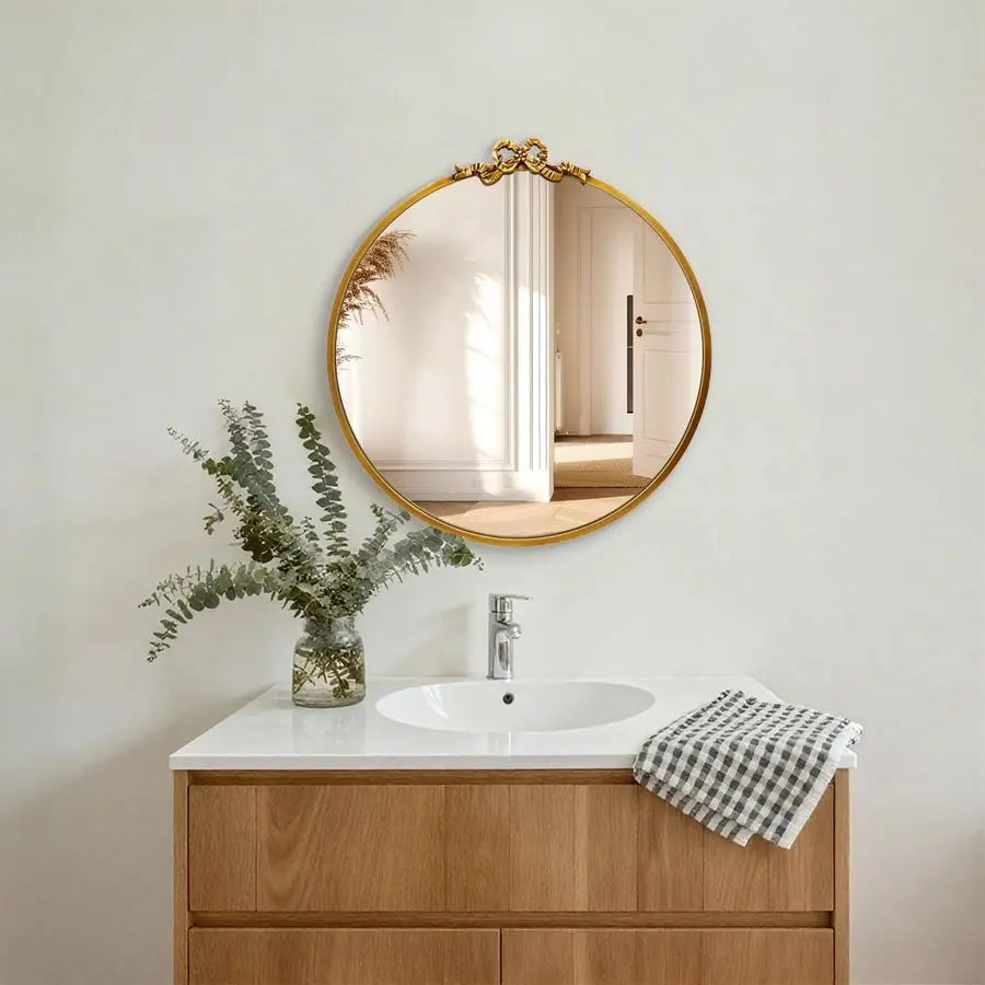 Round Gold Bow Mirror 20inch Metal Bathroom Vanity Wall Mirrors Decorative Antique Ornate Circle Mirror, Baroque Home Bow Decor