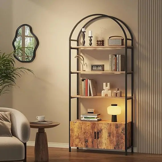TANGXU Arched Bookshelf With Doors Metal Frame Shelving
