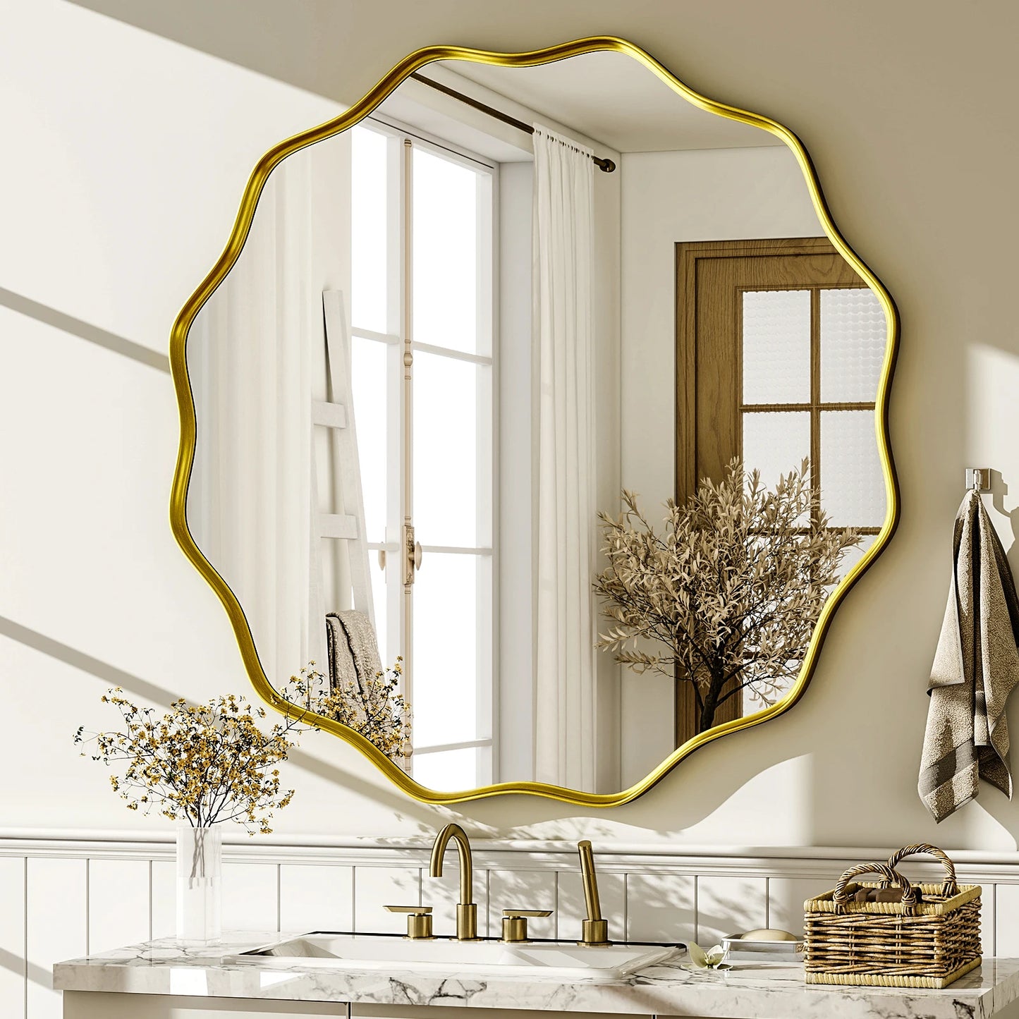 Beautypeak Wavy Round Bathroom Mirror With Deep Frame
