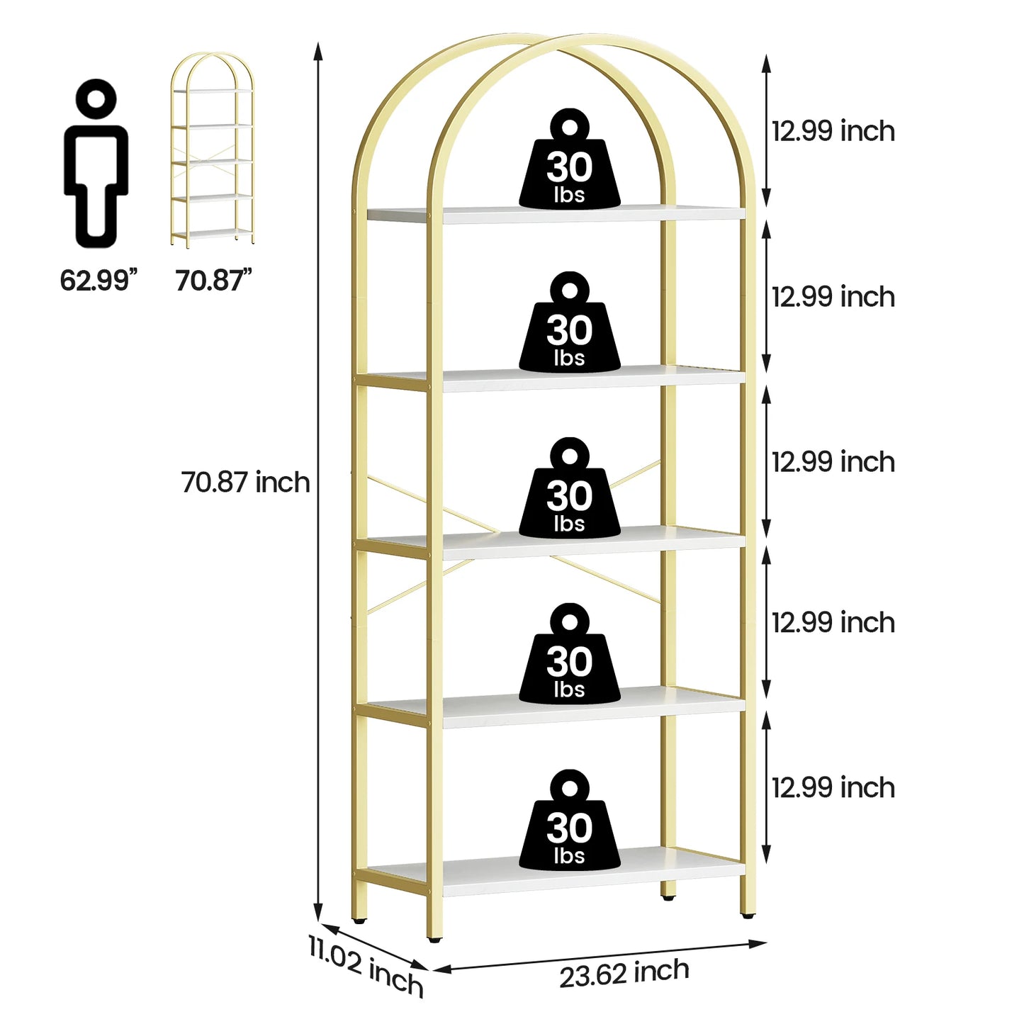 HiMISS Arched Metal Frame Bookshelf Wooden Bookcase