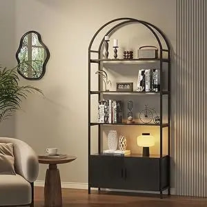 TANGXU Arched Bookshelf With Doors Metal Frame Shelving